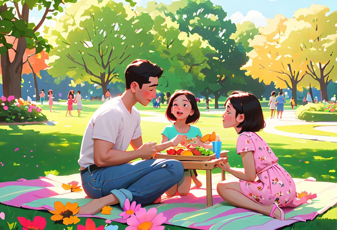 Young family having a picnic in a park, wearing comfortable and colorful clothes, surrounded by blooming flowers and enjoying each other's company on National More Life Day..