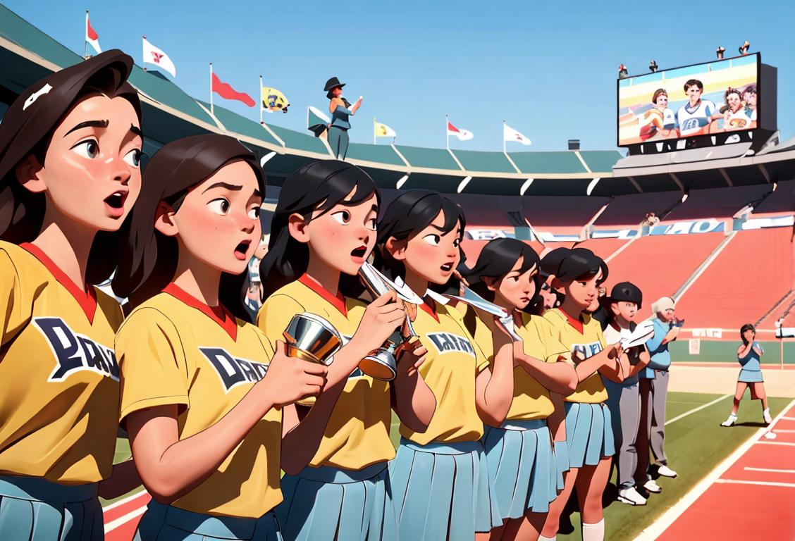 Young athletes raising a trophy, wearing matching team uniforms, surrounded by cheering fans in a stadium..