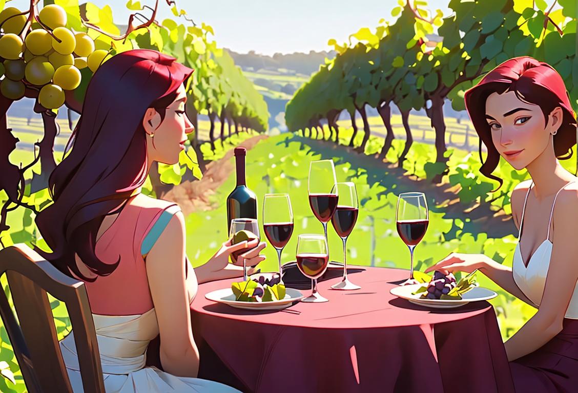 A group of friends clinking wine glasses together in a beautiful vineyard, dressed in elegant summer attire, surrounded by lush greenery and grapevines..