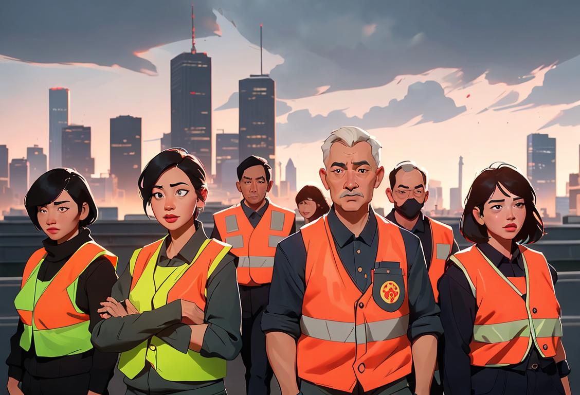 A group of diverse people working together, wearing safety vests, with a backdrop of a city skyline and emergency preparedness symbols..
