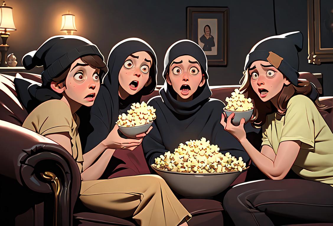 A group of friends huddled together on a dimly lit couch, watching a horror movie with wide-eyed expressions, clutching bowls of popcorn. One friend is wearing a vintage horror movie t-shirt, another is in a cozy blanket, while another wears a beanie hat. The room is decorated with eerie Halloween decorations, creating a suspenseful atmosphere. Outside the window, a full moon casts a spooky glow on the neighborhood..