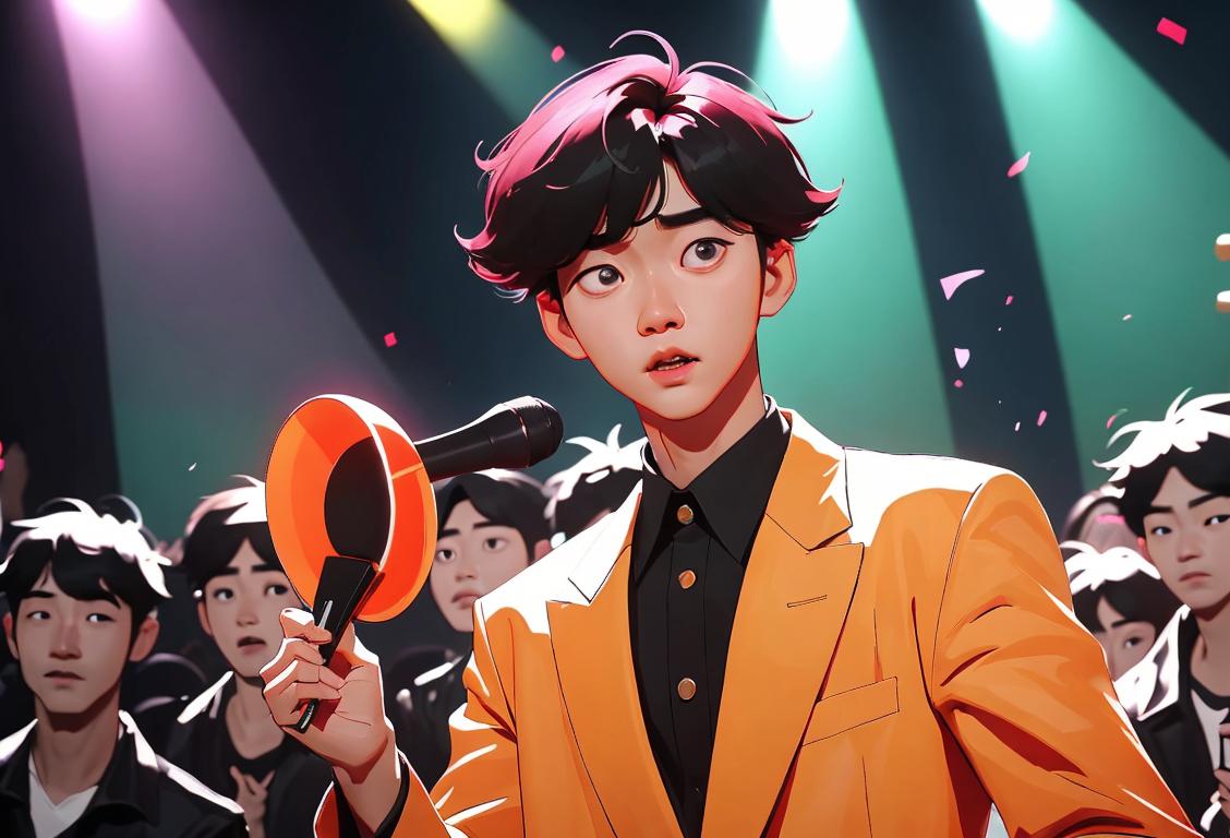 Sungyeol standing confidently in a trendy outfit, surrounded by a group of fans, in a vibrant and energetic concert setting..