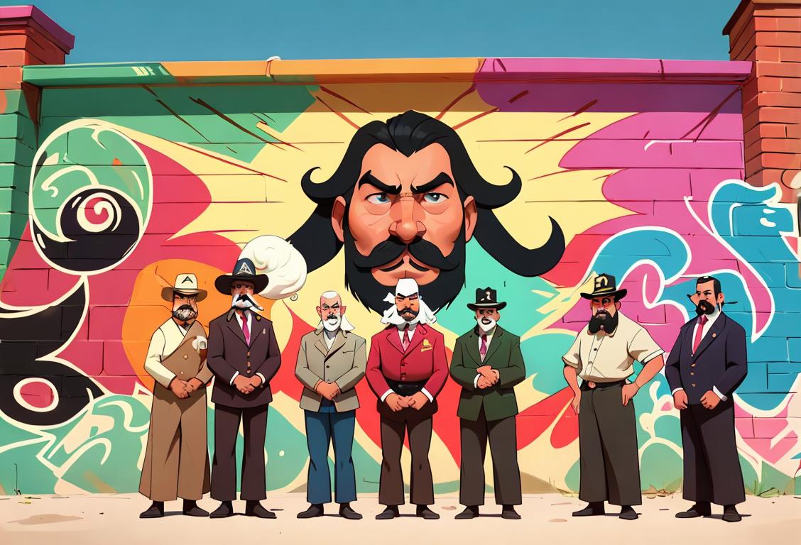 An image of a diverse group of people sporting different types of mustaches, including handlebar, chevron, and Fu Manchu. They are dressed stylishly and are standing in front of a colorful graffiti wall..