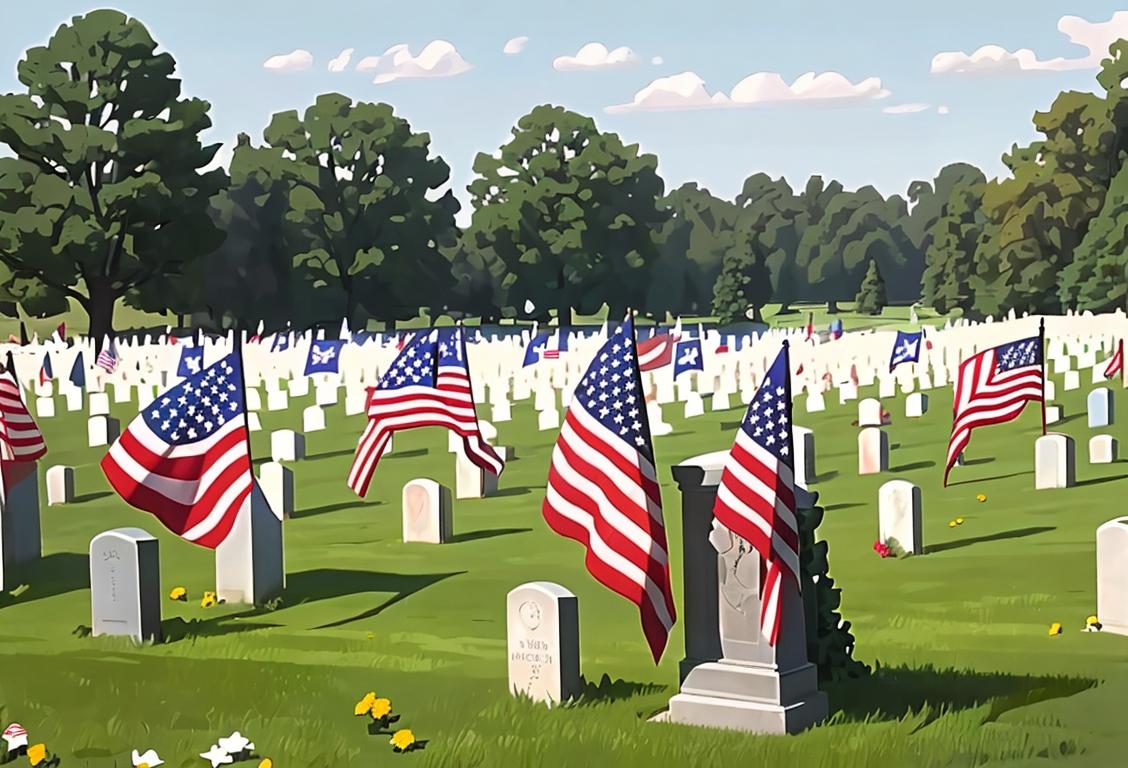 Group of people holding American flags, dressed in patriotic attire, gathered at a memorial, with a peaceful, serene backdrop..