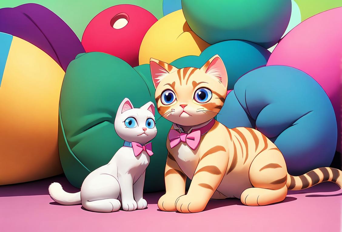 Adorable kitty cat sitting on a cozy pillow, wearing a bowtie, surrounded by colorful yarn balls..