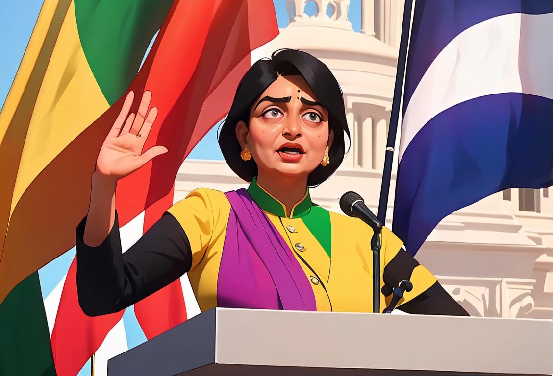 Ms. Sajid, dressed in vibrant colors, addressing a diverse crowd with flags of unity in the background..