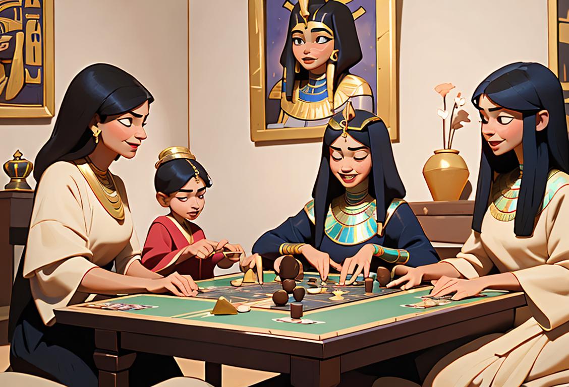 An ancient Egyptian family playing 'Senet' in their traditional attire, with pyramids in the background. A modern family playing a board game in a cozy living room, wearing comfortable clothes and surrounded by snacks and laughter..