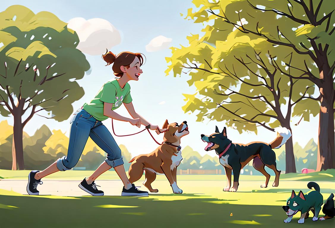 A heartwarming image of a person playing fetch with their furry best friend in a lush green park, surrounded by other dogs and dog lovers. The person is wearing casual attire, like jeans and a t-shirt, and there is a joyful atmosphere with wagging tails and happy barks filling the air. The scene is full of positive energy and love for dogs, capturing the essence of National Dog Day. .