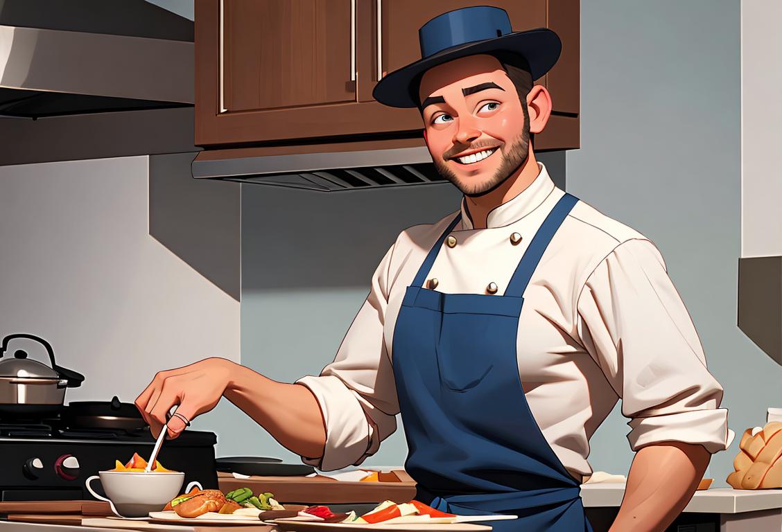 A smiling man confidently cooking in a modern kitchen, dressed in a chef's apron and hat..
