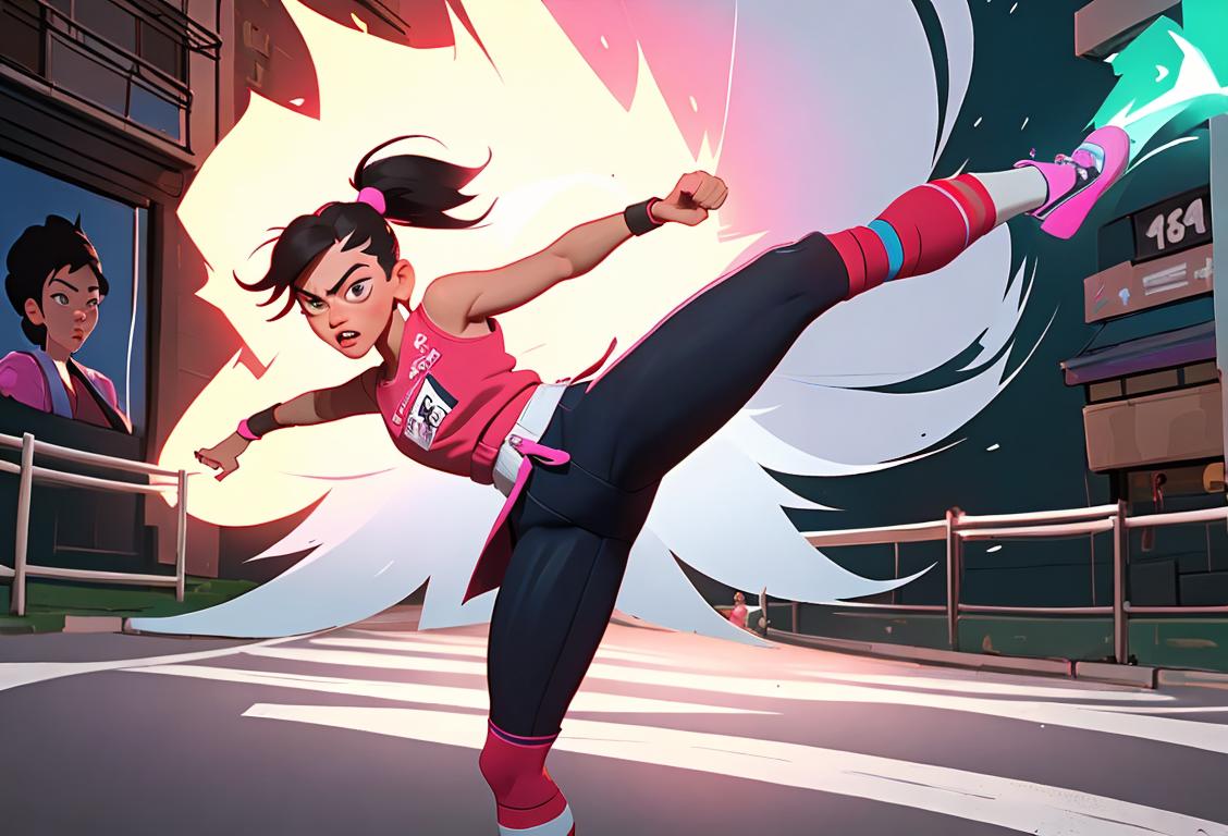 Young adult karate kicking with colorful energy trails, wearing sporty outfit, urban street backdrop..
