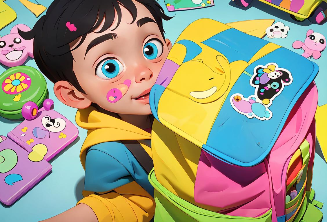 A child happily decorating a backpack with colorful stickers, surrounded by a playful scene filled with toys and imagination..