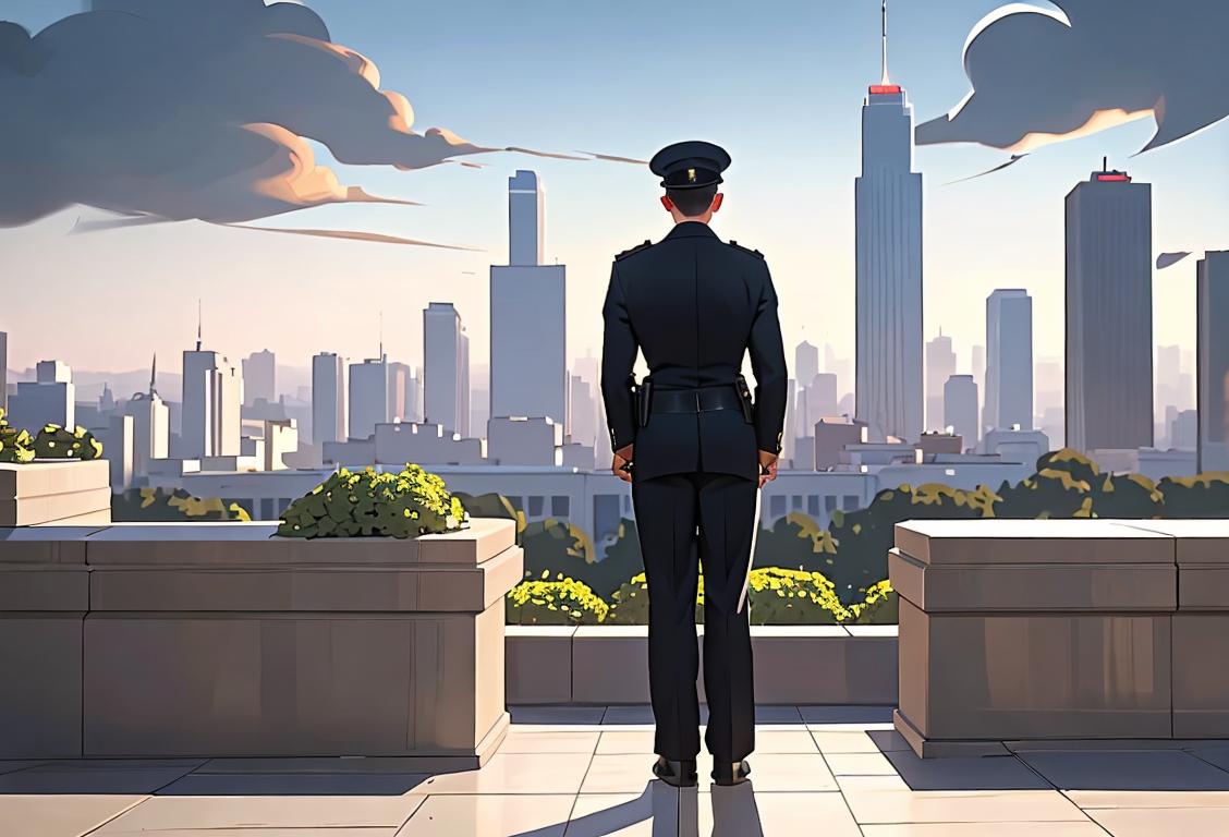 A police officer in uniform, standing tall and proud, against a backdrop of a peaceful cityscape..