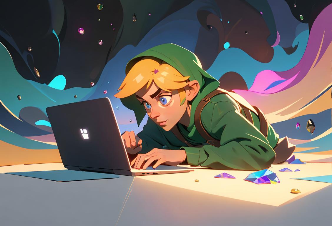 A digital explorer, dressed in trendy attire, diligently searches for hidden gem links on their laptop. The background showcases a vibrant and captivating internet landscape, representing the wonders hidden just beneath the surface of everyday browsing..