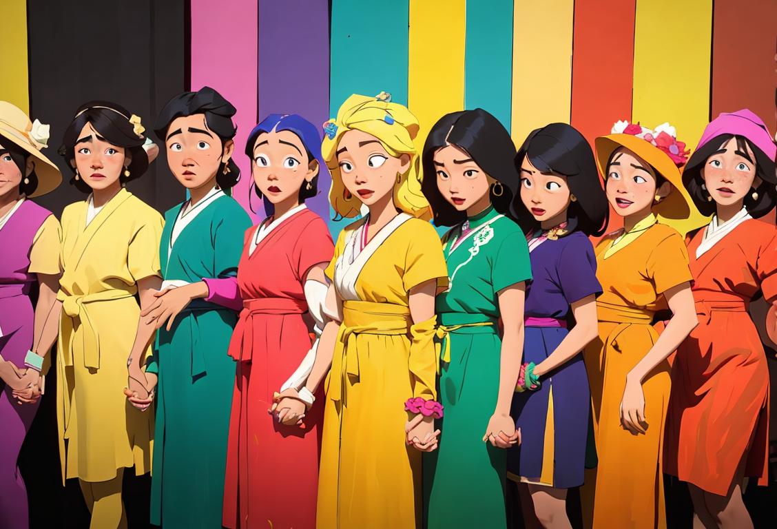 A group of diverse people, dressed in colorful attire, holding hands and forming a human chain symbolizing unity in the face of adversity. Some people wearing traditional clothing..