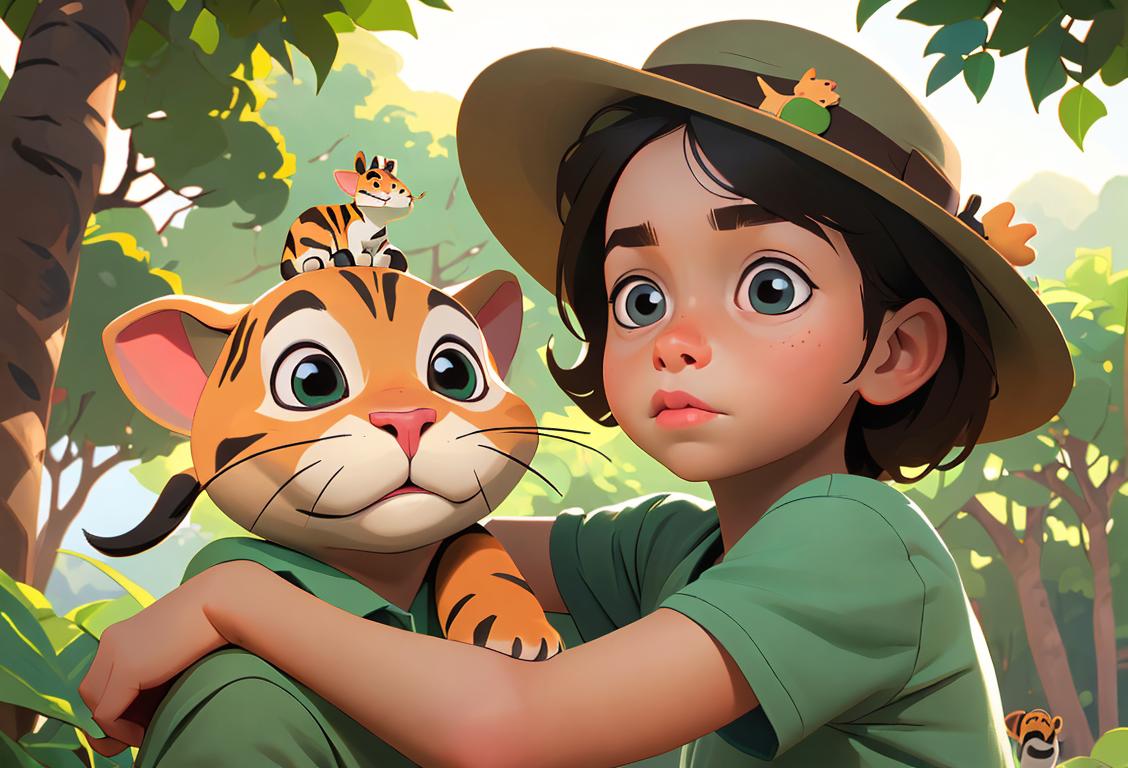 Adorable child in a park, surrounded by various animals, wearing a safari hat, nature-themed t-shirt, with a backdrop of lush greenery..