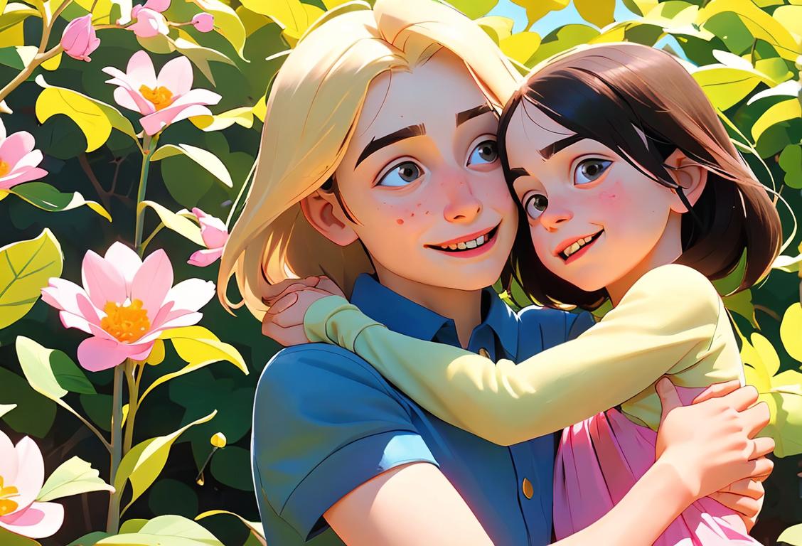 A joyful family of individuals living with Fragile X Syndrome, embracing one another in a beautiful park filled with blooming flowers and sunshine..