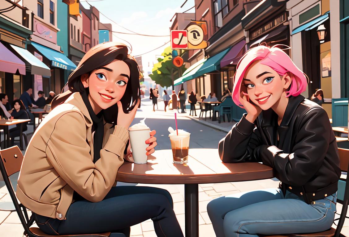 Young adult sitting at a cafe, smiling and chatting with diverse group of new friends, trendy outfits, vibrant urban setting..