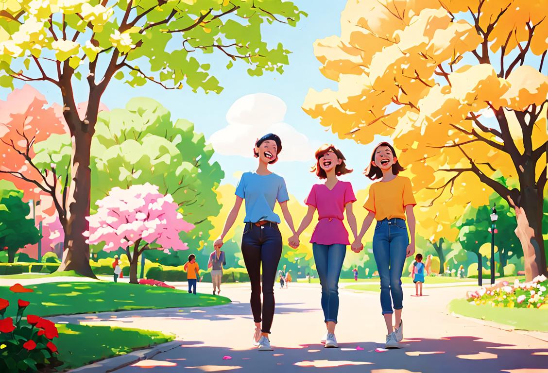 Group of diverse friends laughing and holding hands in a sunny park, wearing colorful casual outfits, surrounded by blooming flowers and trees..