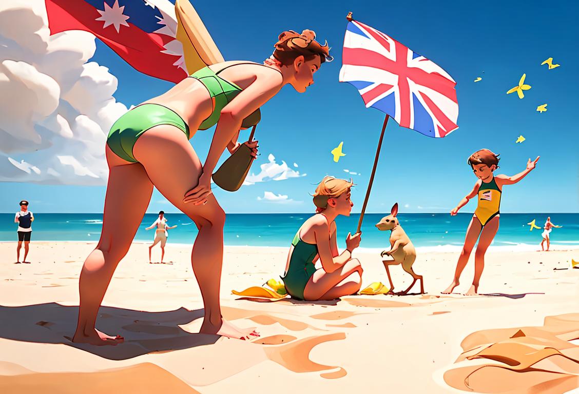 Two people at the beach, wearing Australian flag swimwear and playing cricket on the sand with a kangaroo watching in the background..