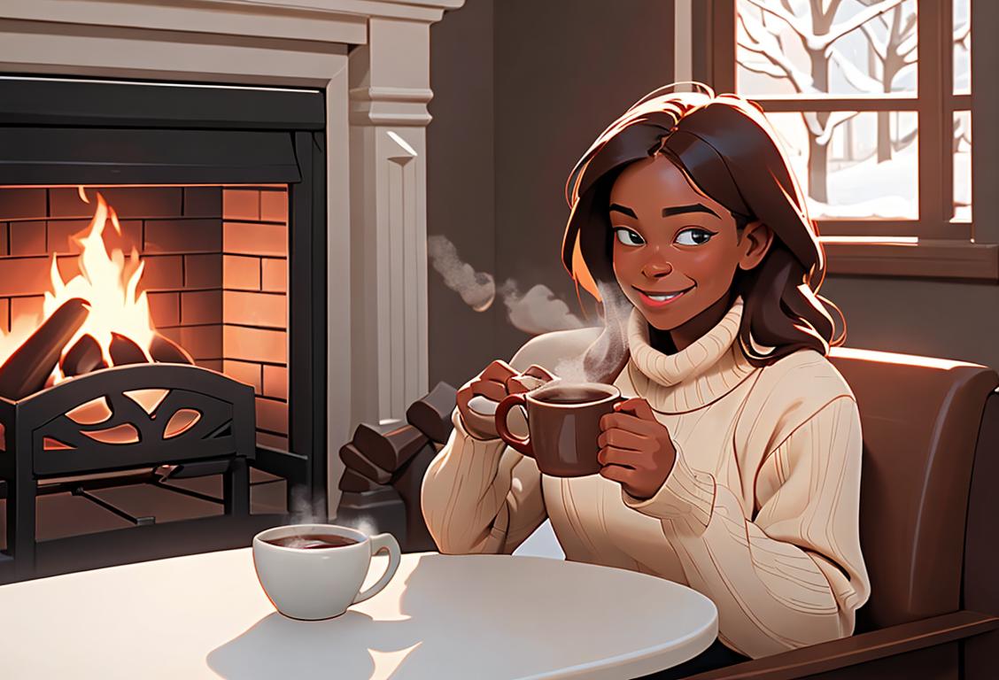A cozy scene of a smiling person holding a steaming mug of hot chocolate, wearing a cozy winter sweater, sitting by a fireplace with snow falling outside..