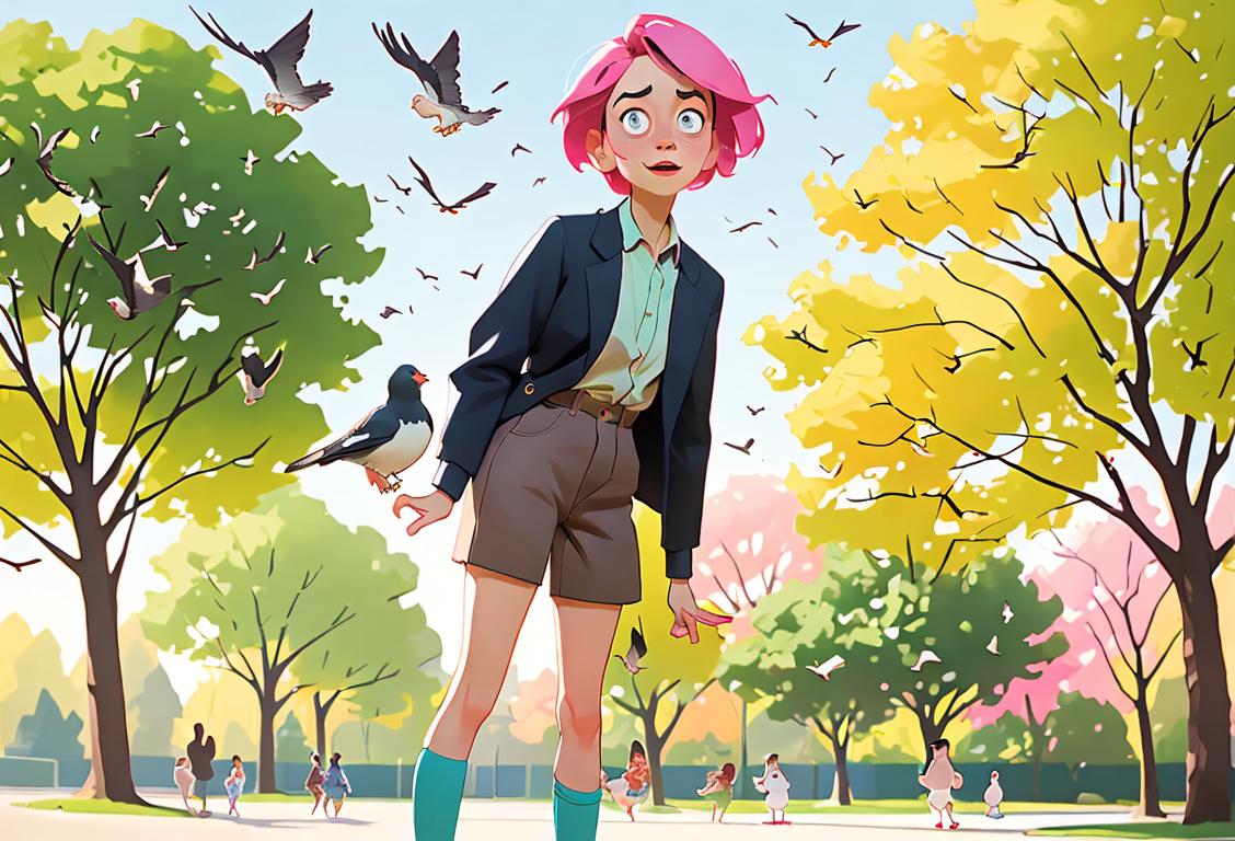 A person standing on one leg, wearing mismatched socks, a puzzled expression, in a park with flying birds..