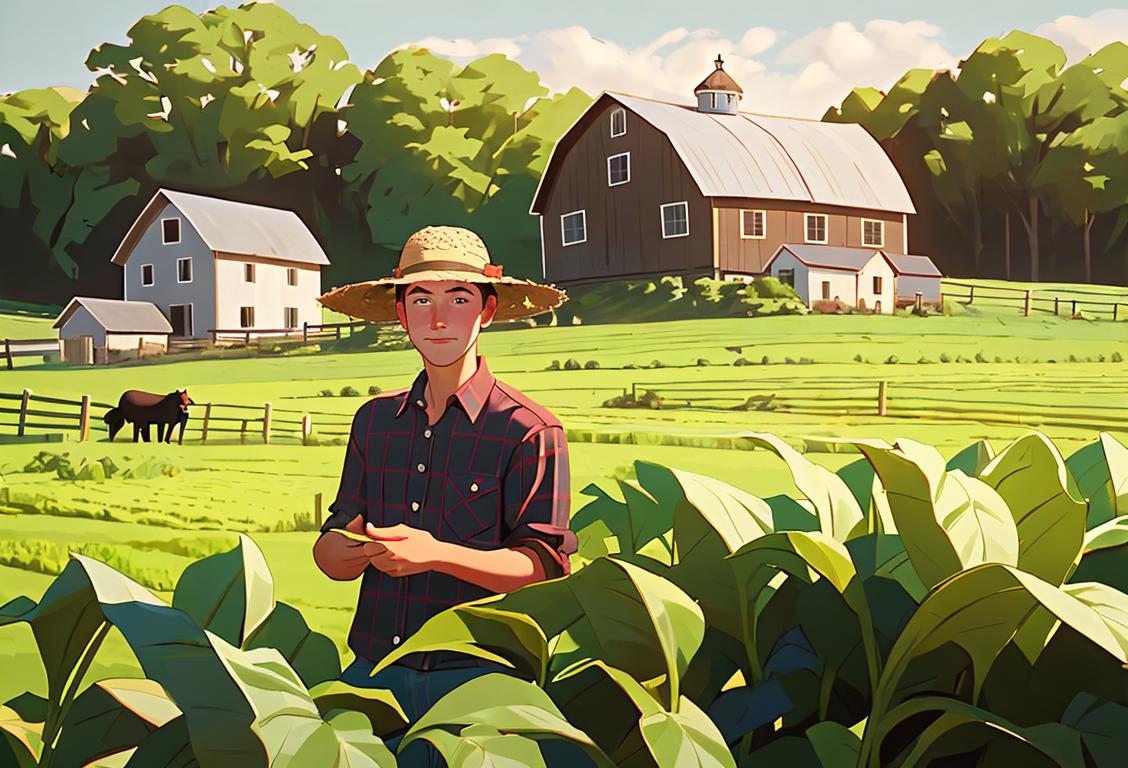 Young farmer with straw hat, plaid shirt, and barn in the background, surrounded by various crops..
