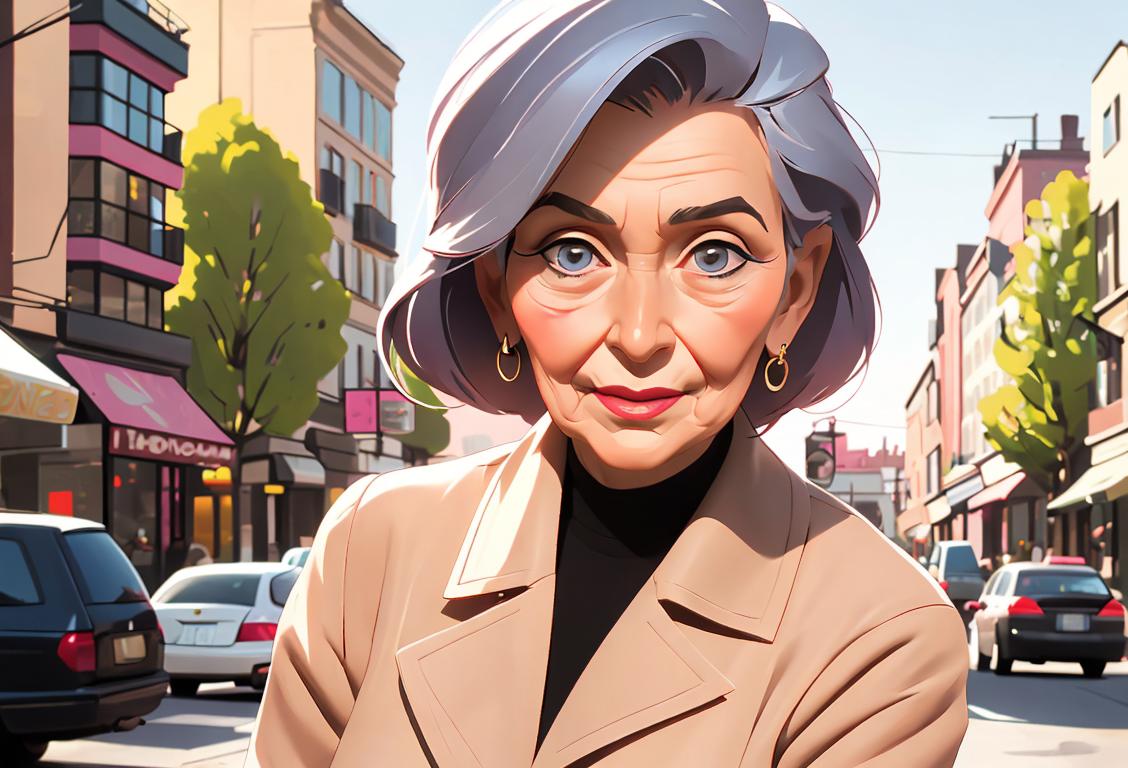 A fashionable and confident senior woman with stylish clothing and accessories, posing in a trendy urban setting..