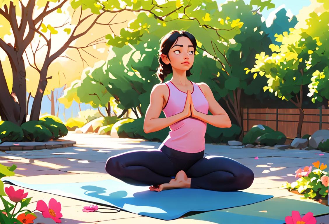 Person doing a yoga pose outdoors in a serene natural setting, wearing comfortable workout clothes, surrounded by blooming flowers..