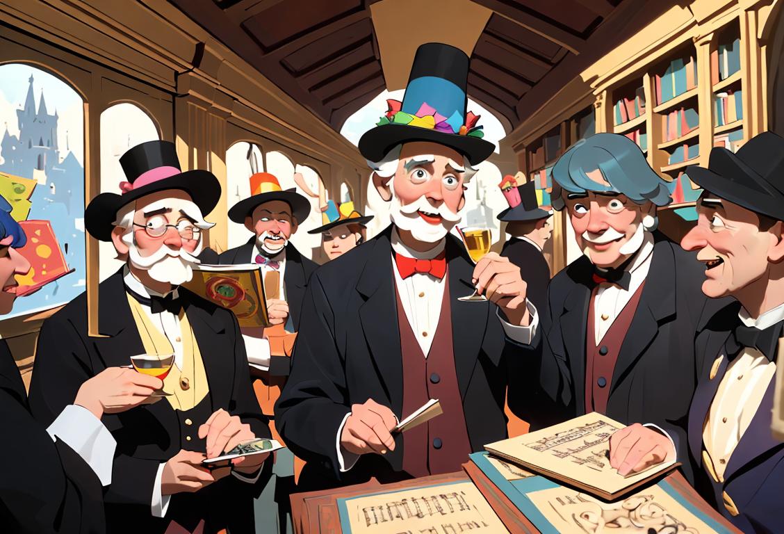 A group of cheerful people named Thomas gathered together, sharing a toast and wearing colorful party hats. They are surrounded by books, trains, and musical instruments. Each person is dressed in a unique style, showcasing different historical eras such as medieval, Victorian, and modern fashion. In the background, there are subtle references to famous Thomases throughout history, like Thomas Aquinas, Dylan Thomas, and Thomas the Tank Engine. The scene is filled with warmth and excitement, capturing the diverse interests and camaraderie of the Thomases celebrating National Thomas Day..