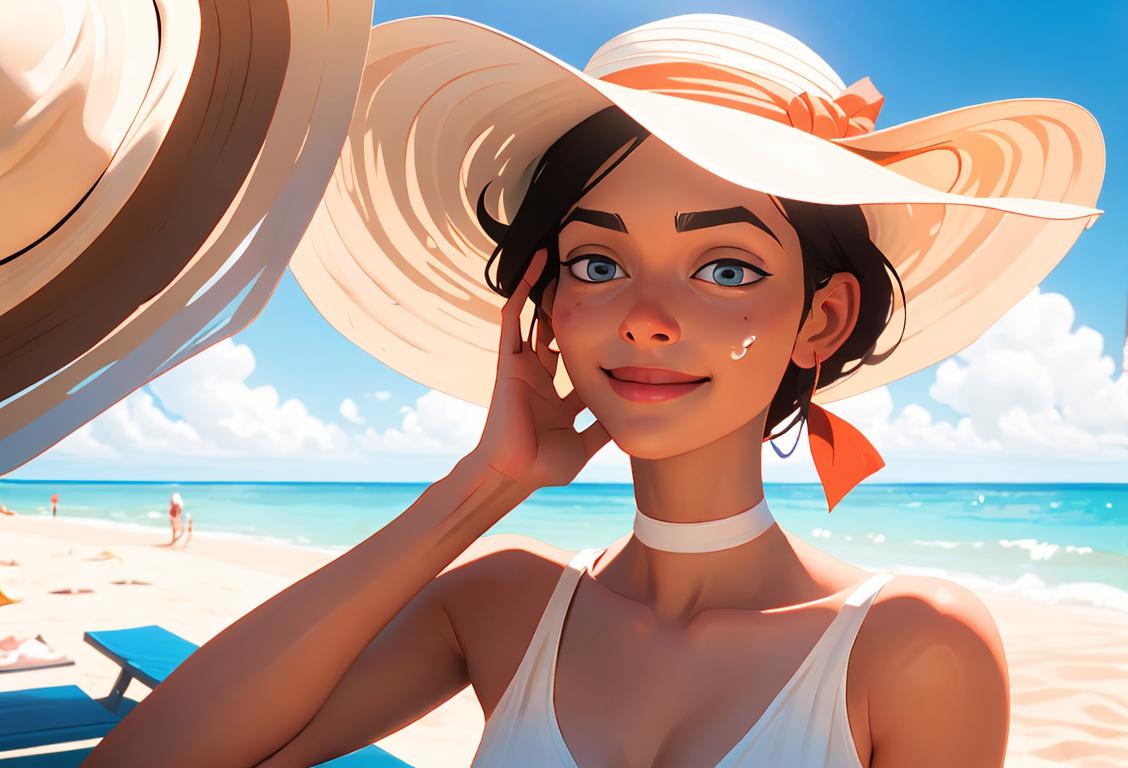 Happy person applying soothing cream on their hand, relaxing beach scene in the background, summery outfit, sun hat..