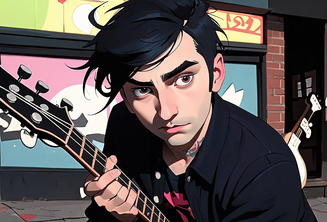 Young man with a guitar, punk rock attire, street scene, surrounded by adoring fans..