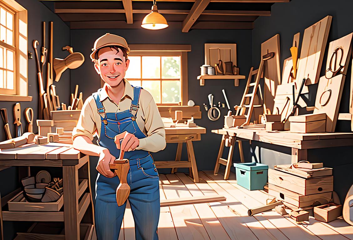 A cheerful carpenter in work overalls, holding a beautifully crafted wooden chair, surrounded by a cozy workshop filled with various tools and sawdust on the floor. The carpenter has a friendly smile, and the workshop has warm lighting, showcasing the dedication and craftsmanship of carpenters on National Carpenter Appreciation Day..