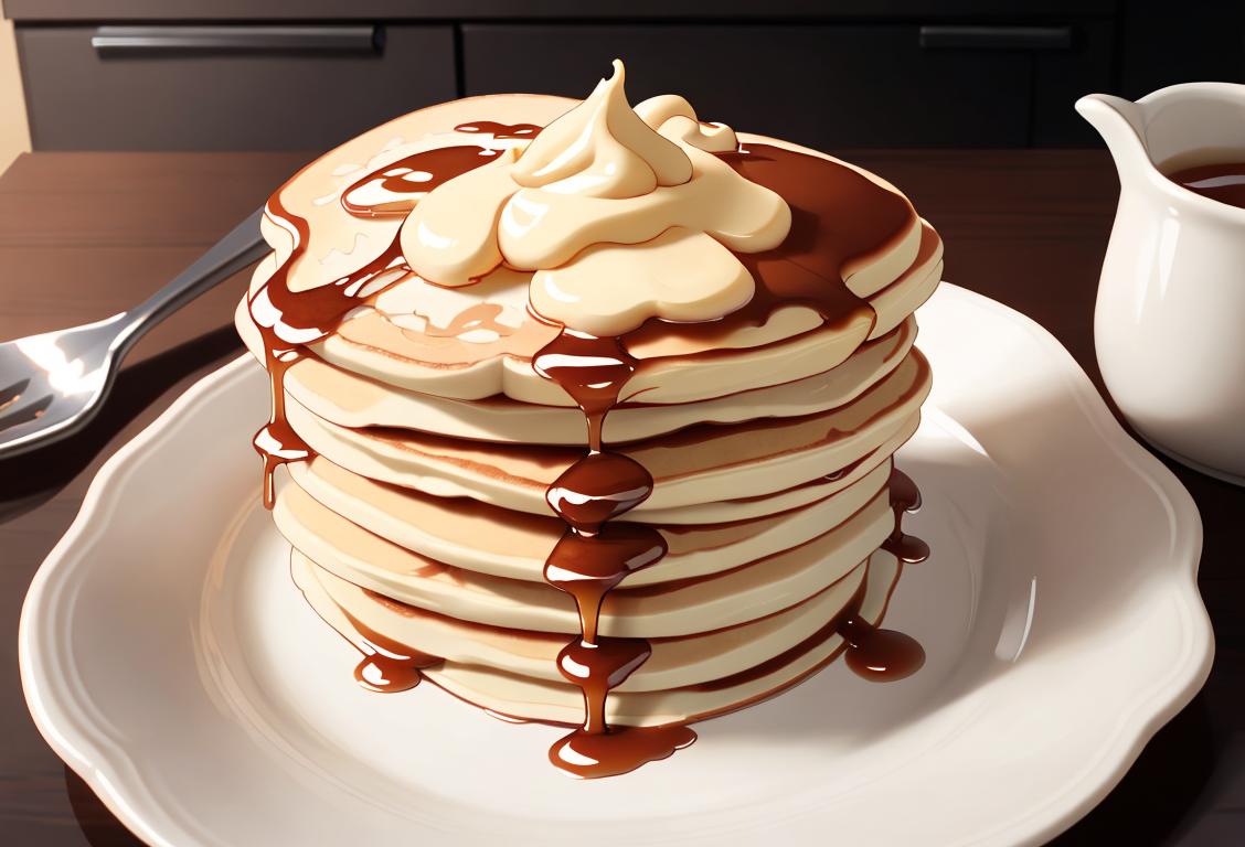 A stack of fluffy pancakes piled high, with a drizzle of maple syrup cascading down the sides. The pancakes are surrounded by a warm and cozy kitchen setting, with a vintage apron and a spatula nearby. The scene depicts a nostalgic morning breakfast atmosphere, reminiscent of a classic American diner. These pancakes are so inviting, you can almost smell the sweet aroma and hear the sizzle as they cook on the griddle..