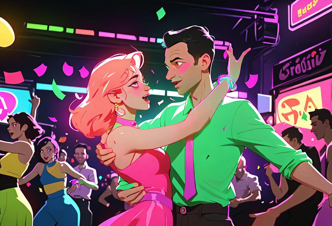 Young adults dancing in colorful attire, disco ball and neon lights, vibrant party scene with confetti falling..