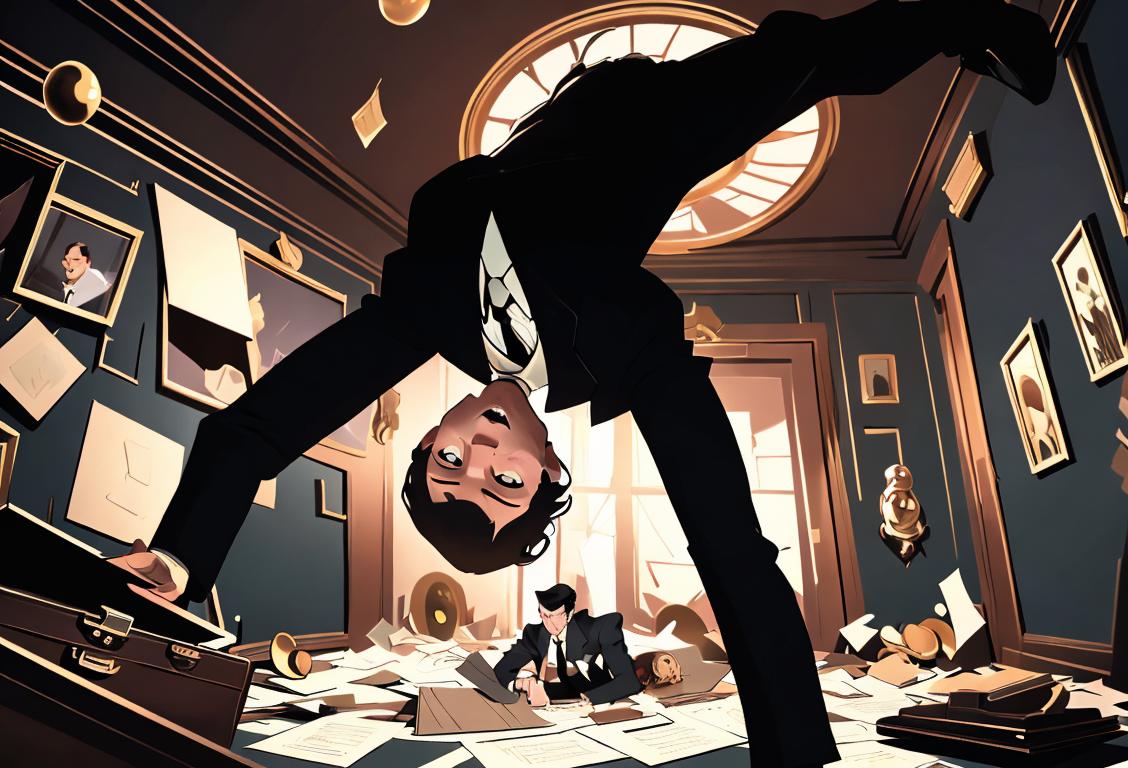 Young man wearing a suit and tie, holding a briefcase, surrounded by a chaotic room with objects turned upside down and backwards..