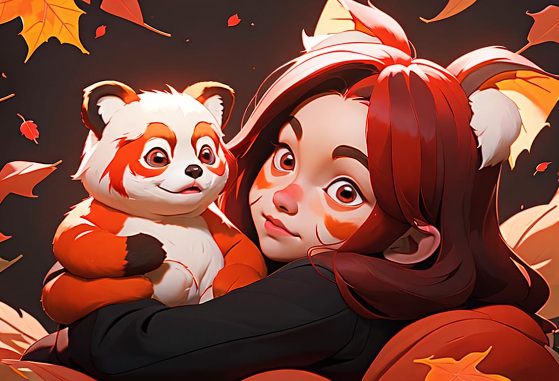 A young girl with a red panda plush toy, wearing a cozy sweater, surrounded by colorful autumn leaves..