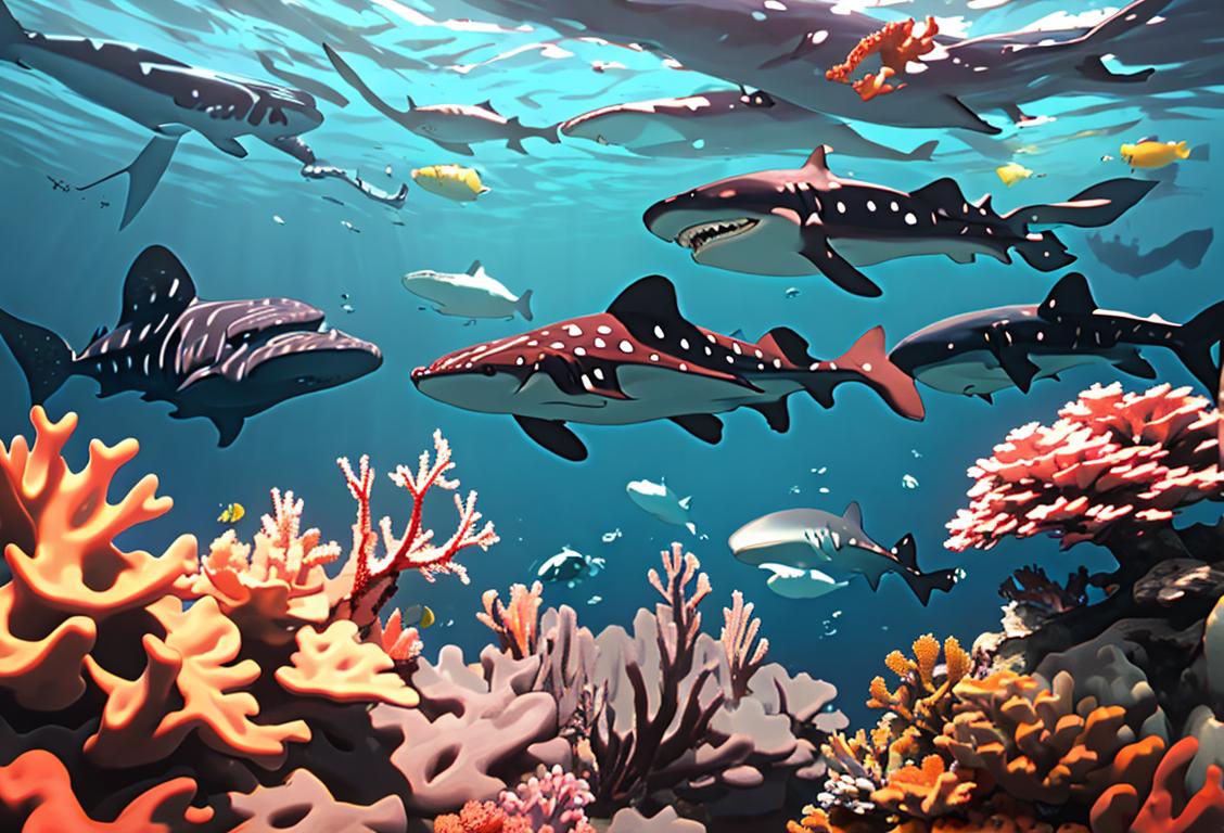 A group of people in scuba gear swimming alongside a majestic whale shark, surrounded by colorful coral reefs..