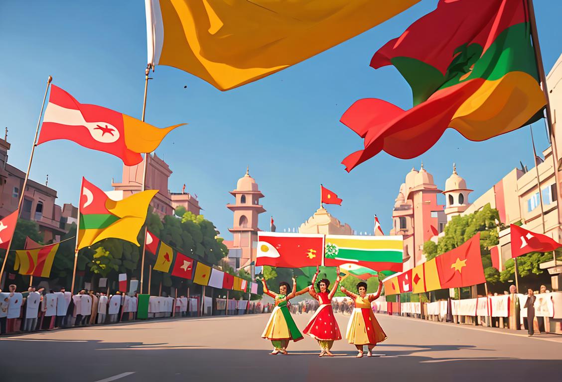 Group of people waving the national flag at Prem Nagar, wearing traditional dresses, surrounded by decorations and lively street celebrations..