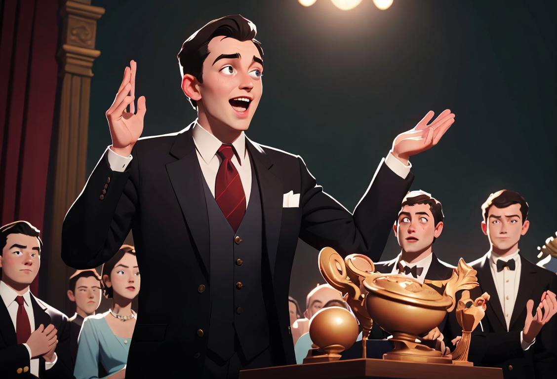 Young man in a suit, holding a gavel, at a podium, in front of a crowd of people, all laughing and clapping..