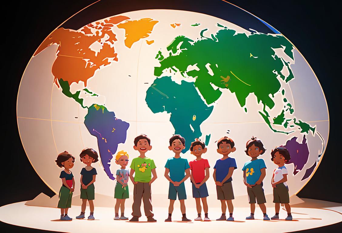 Group of diverse people, smiling and wearing different colored t-shirts, standing in front of a world map backdrop to promote unity on National socdem hate Day..