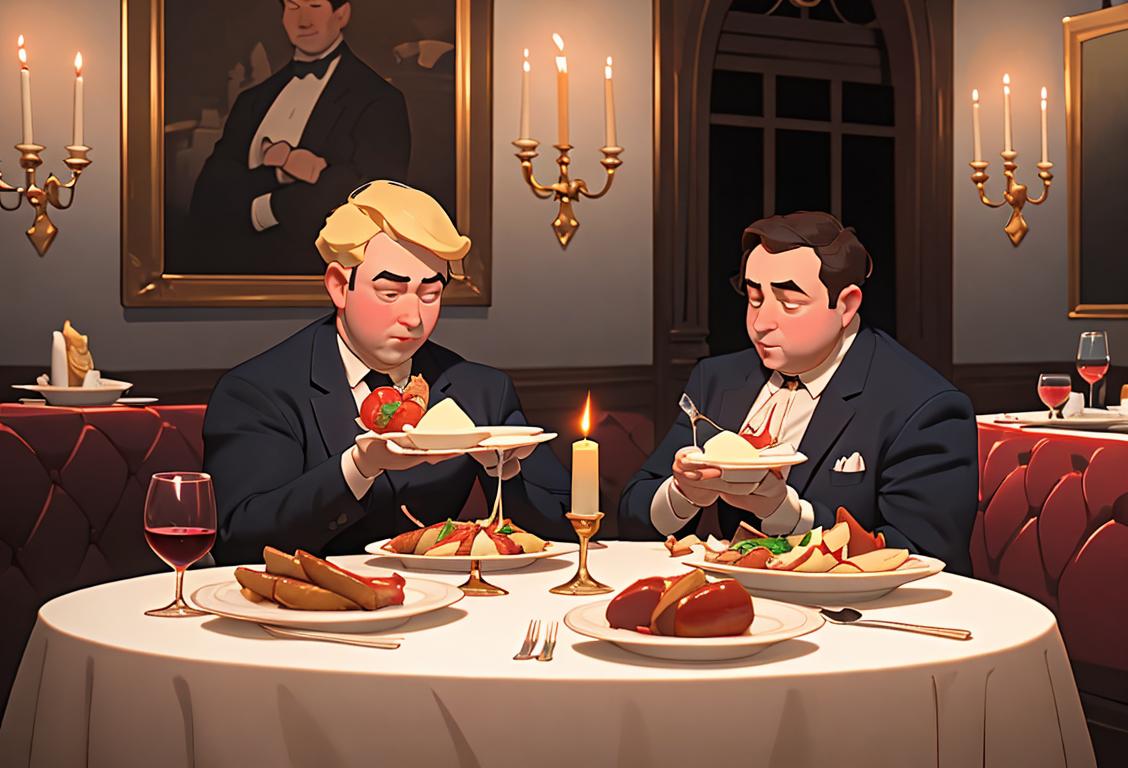 Chefs in traditional attire holding a plate of cordon bleu, classic French restaurant setting, elegant table with wine glasses and candlelight..