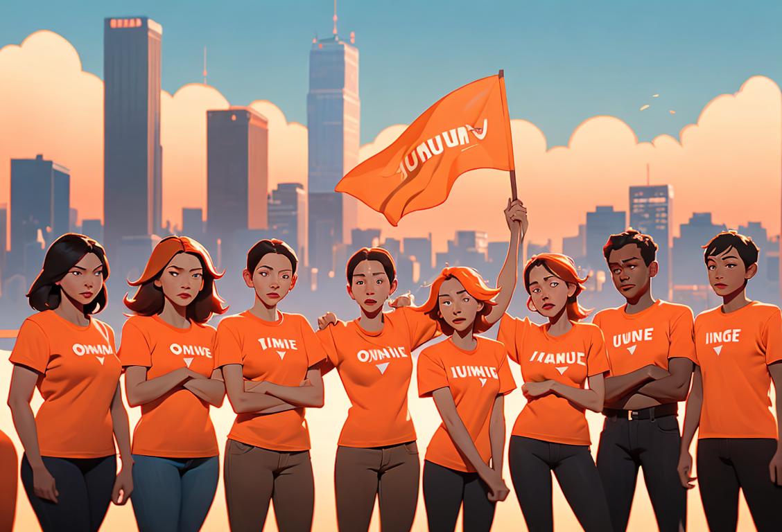 A diverse group of people, wearing orange T-shirts, holding banners against hunger, in front of a city skyline..
