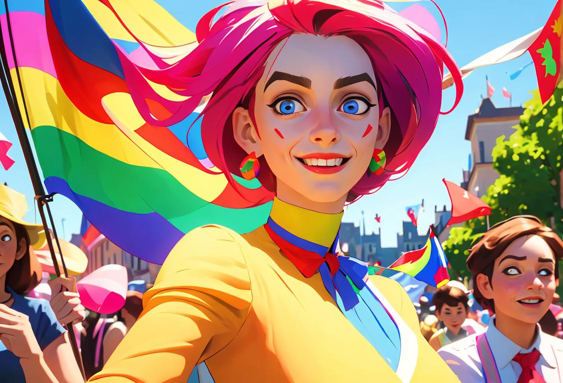 Happy person wearing an eclectic outfit, dancing in a colorful street parade with diverse flags waving in the background..