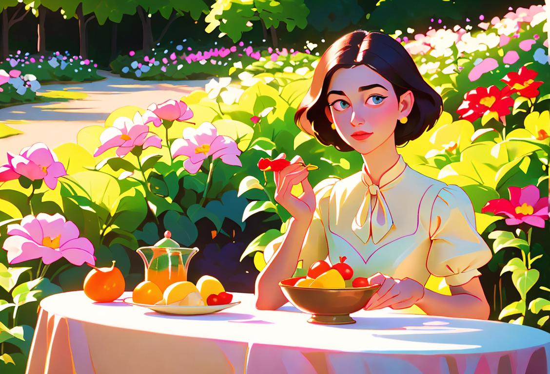 Young girl holding a bowl of ambrosia, wearing vintage dress, garden picnic setting, surrounded by colorful flowers..