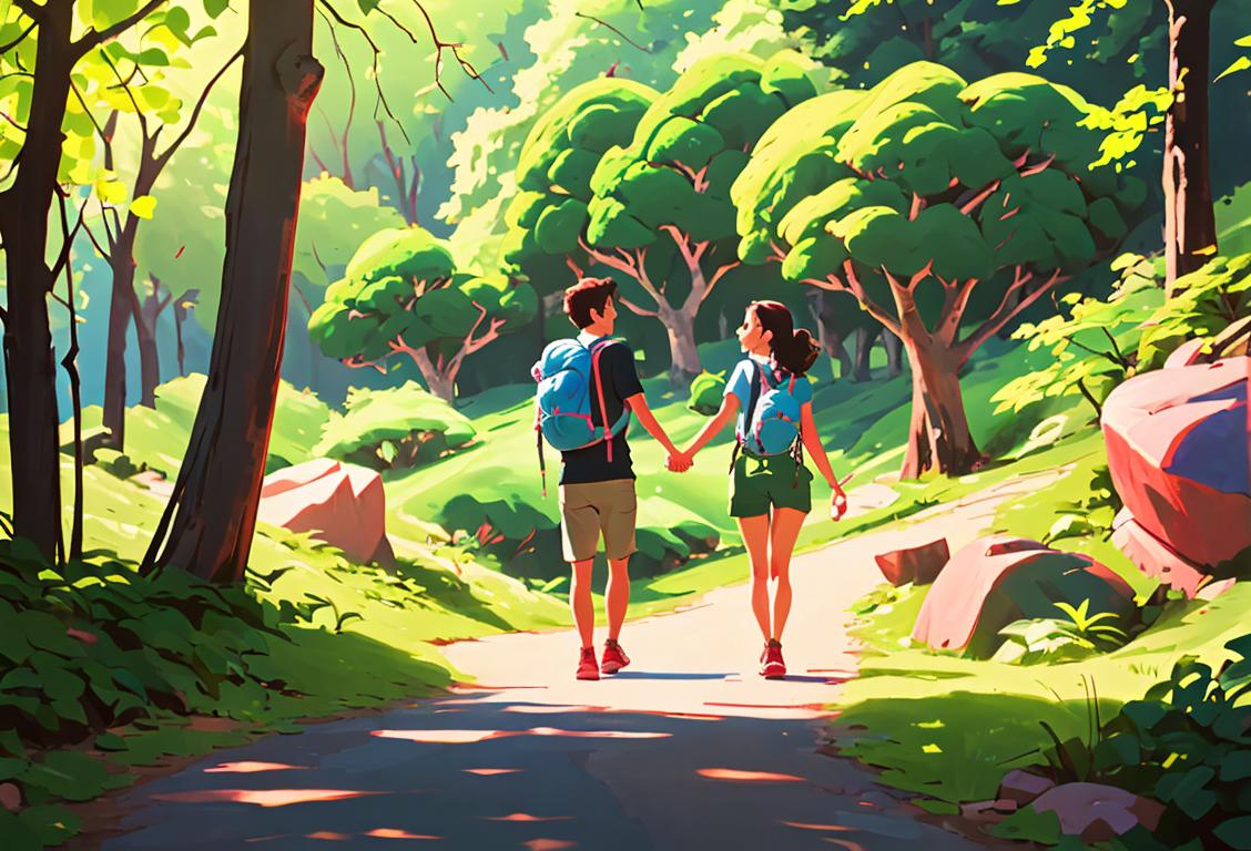 Couples holding hands, wearing hiking gear, surrounded by lush greenery, a heart-shaped rock formation in the background..