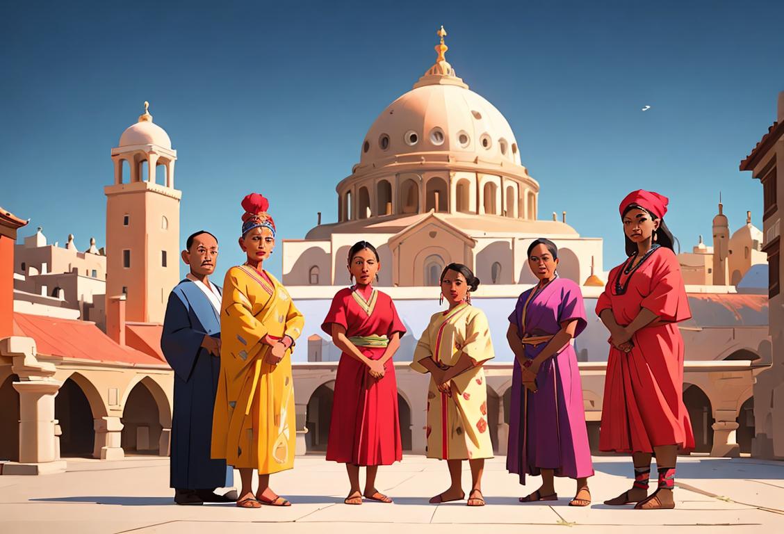 A diverse group of people wearing different cultural clothing, representing national emergencies, standing in front of a cityscape..