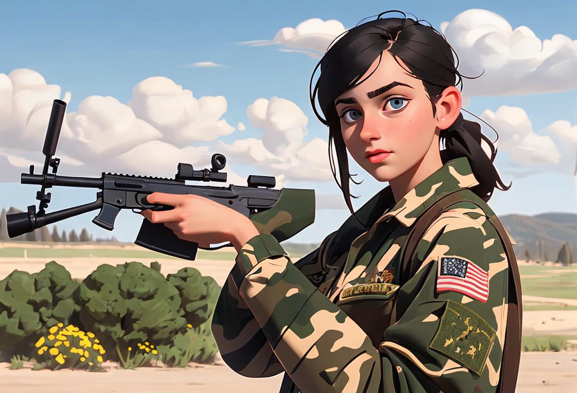 A young adult proudly holding a firearm, wearing a camo outfit, outdoor shooting range with American flag backdrop..