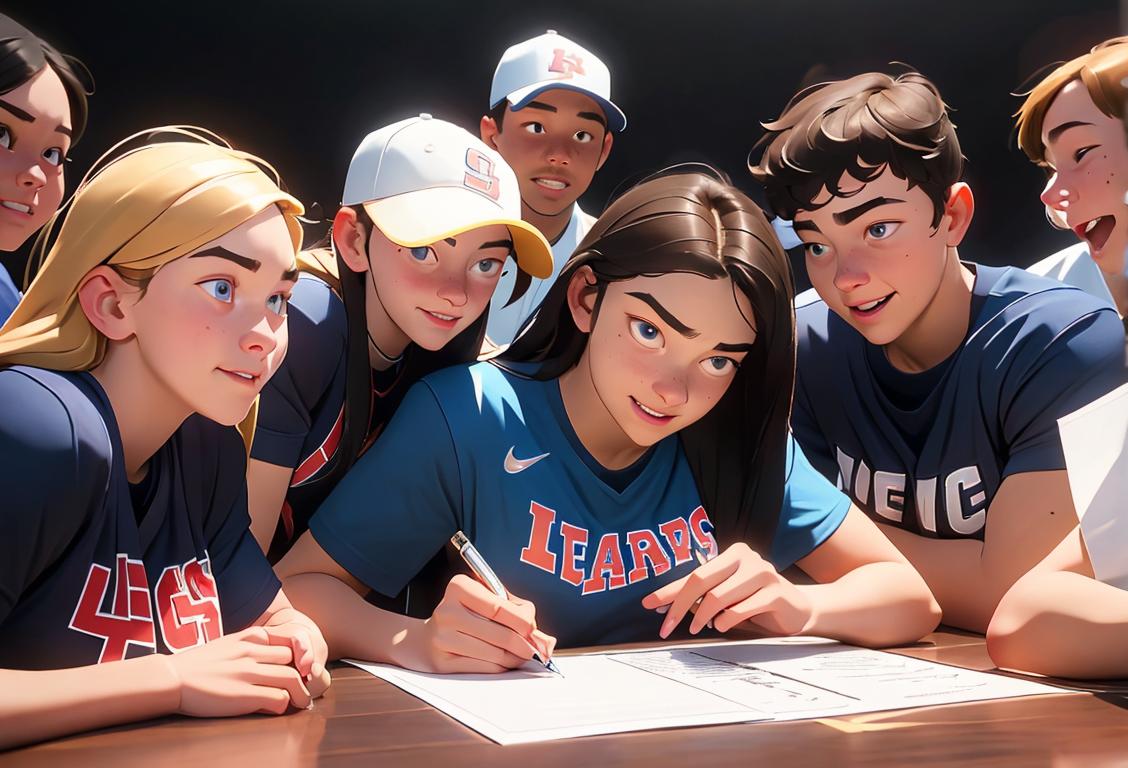 High school athlete signing a letter of intent, wearing their team's jersey, surrounded by happy coaches and parents..