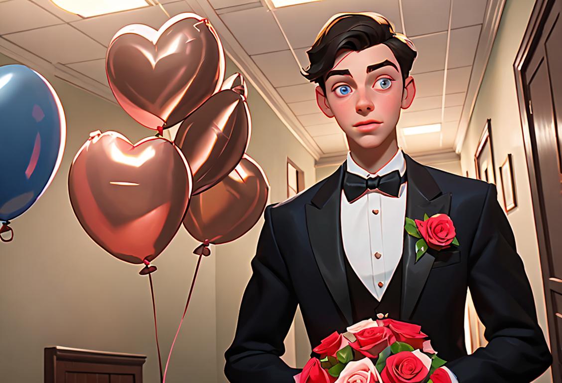 Young man holding a bouquet of roses, wearing a bow tie, in a high school hallway decorated with balloons..