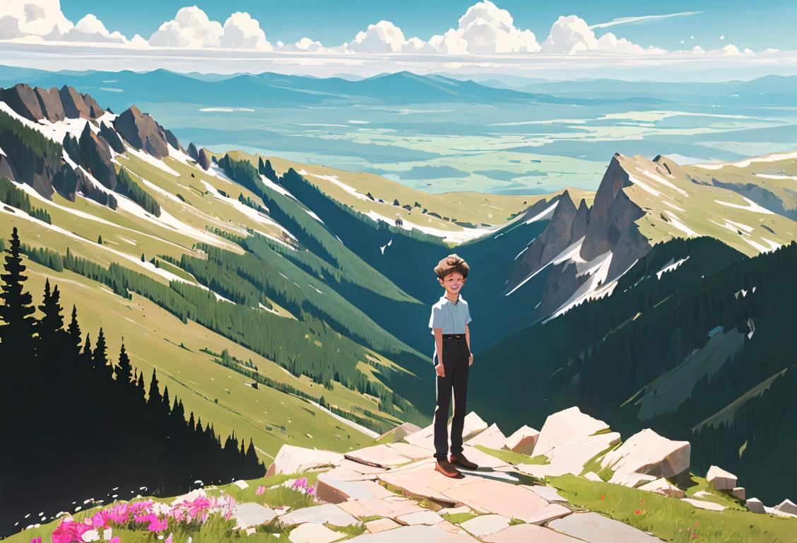 Young person standing on top of a mountain, dressed stylishly, surrounded by a beautiful natural landscape and embracing their own potential..